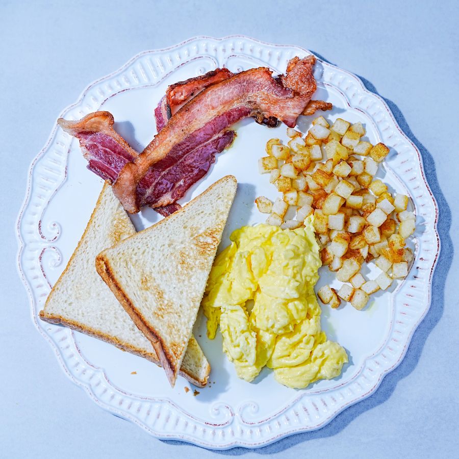 Breakfast plate with eggs, bacon, potatoes, and toast